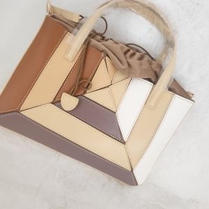 Women’s Colorblock Patchwork Satchel Handbag - Beige Brown Cream